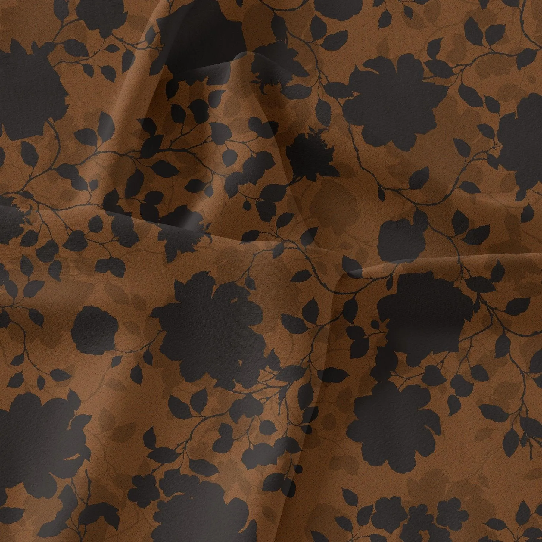 Black And Rustic Look Flower Digital Printed Fabric - Muslin