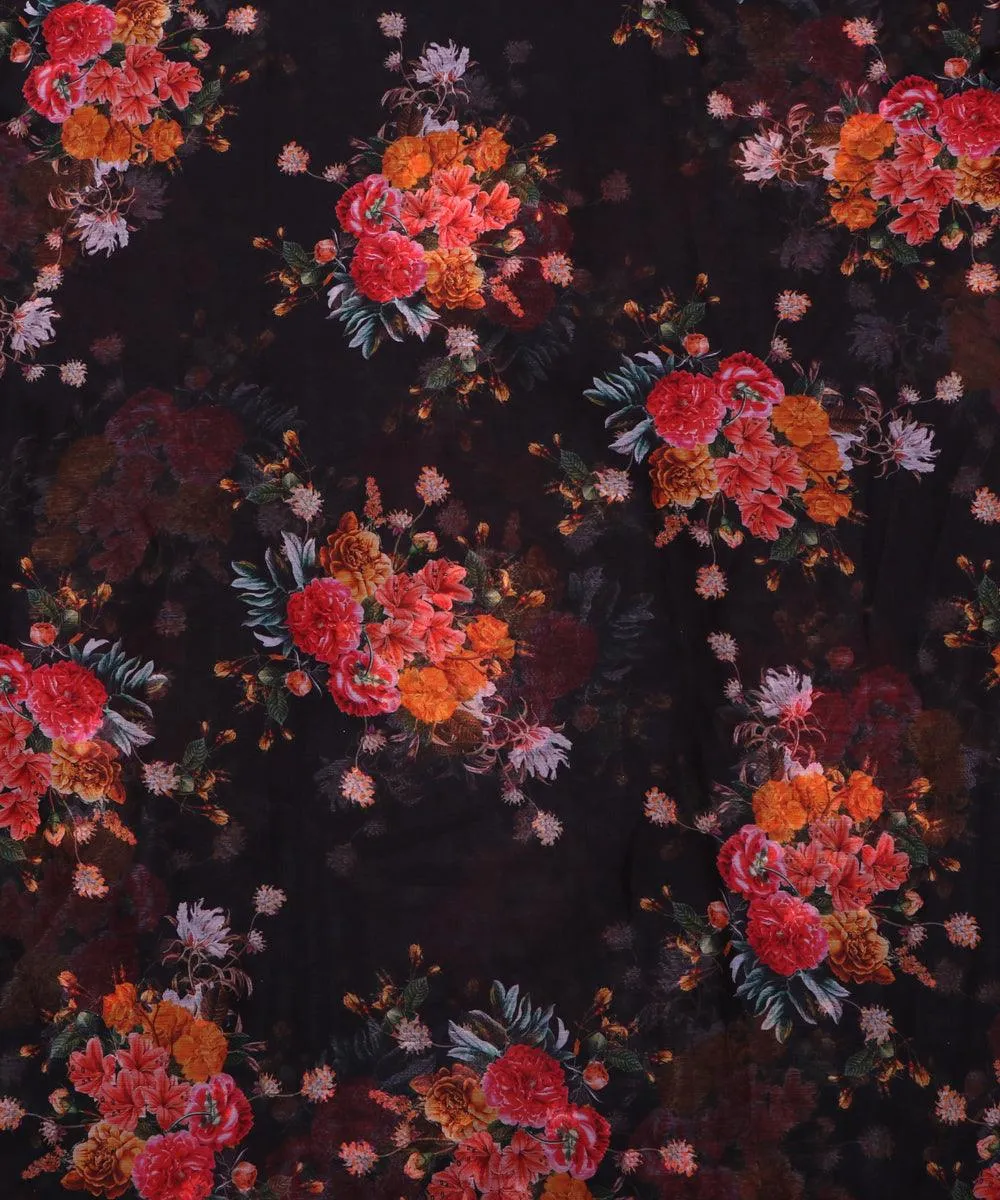 Black Floral Print Chiffon Fabric