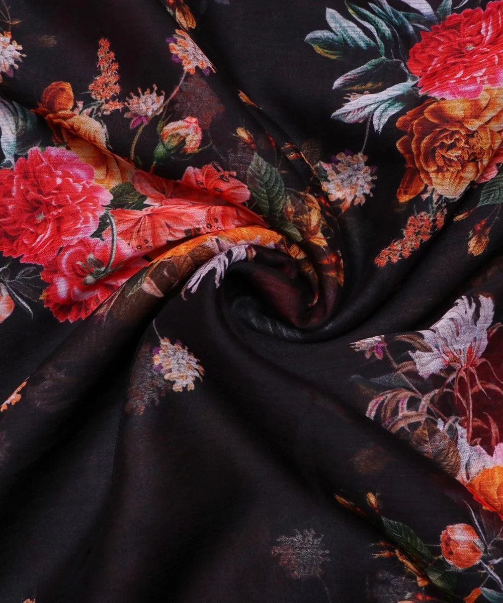 Black Floral Print Chiffon Fabric