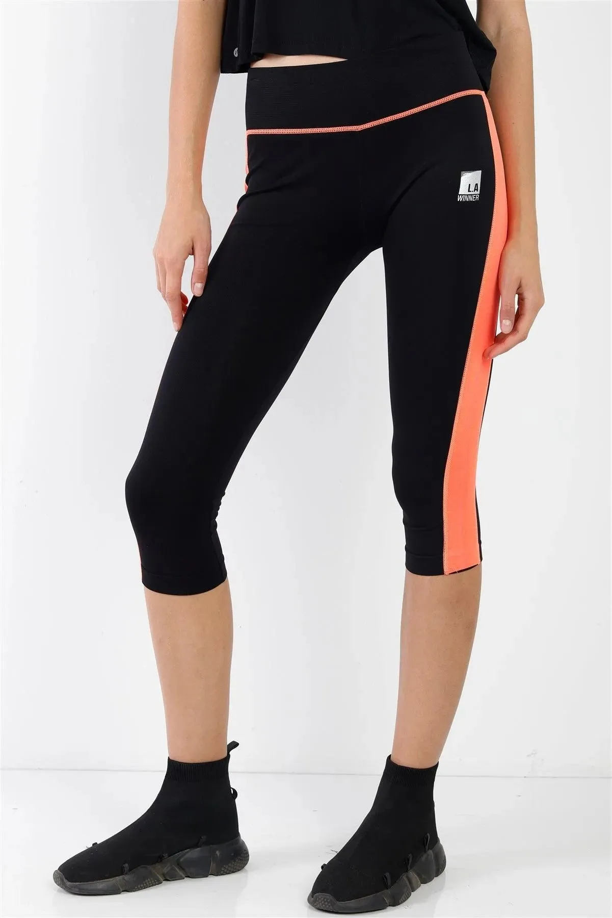 Black Orange Contrast Stripe Active Sporty Leggings /5-5