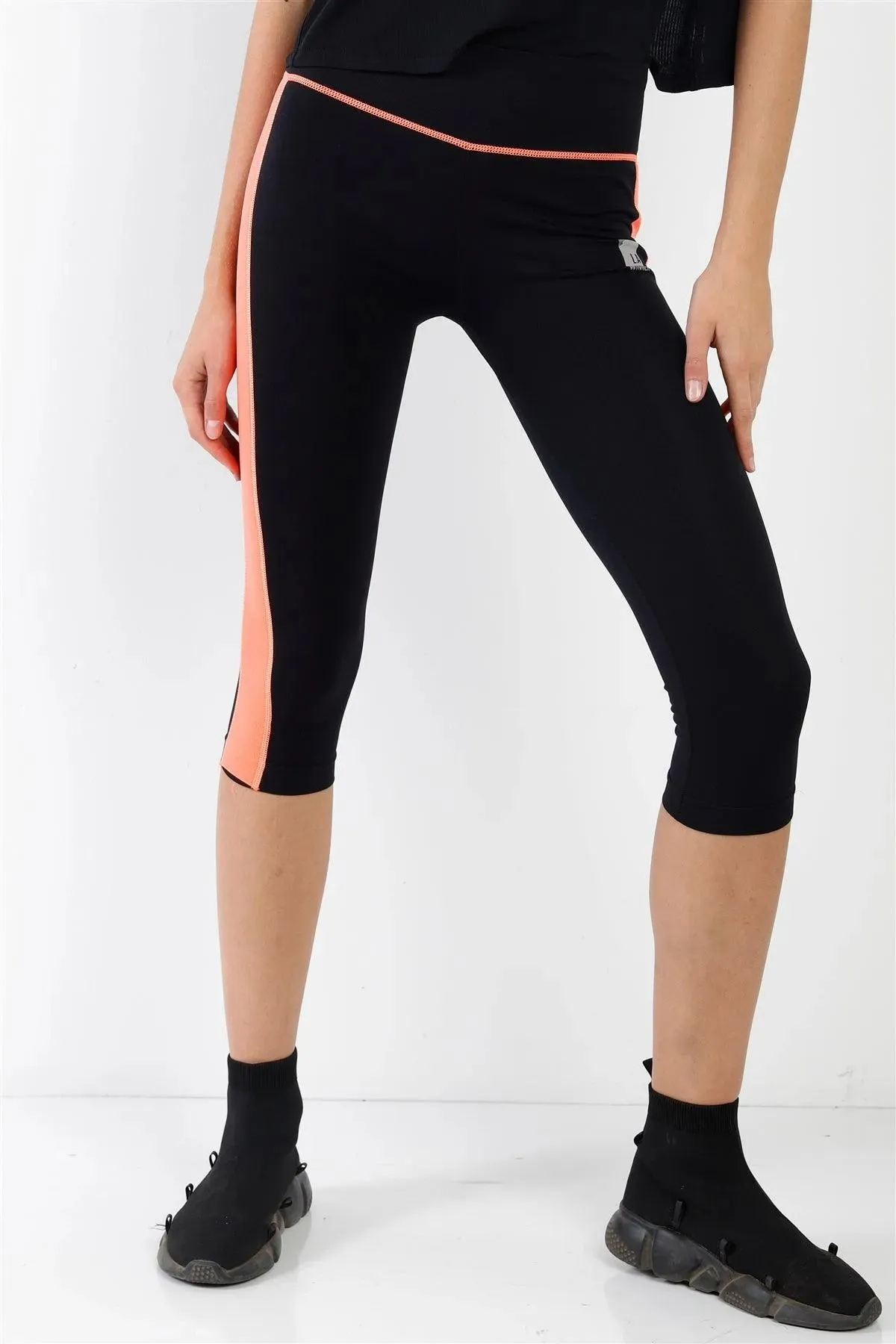 Black Orange Contrast Stripe Active Sporty Leggings /5-5