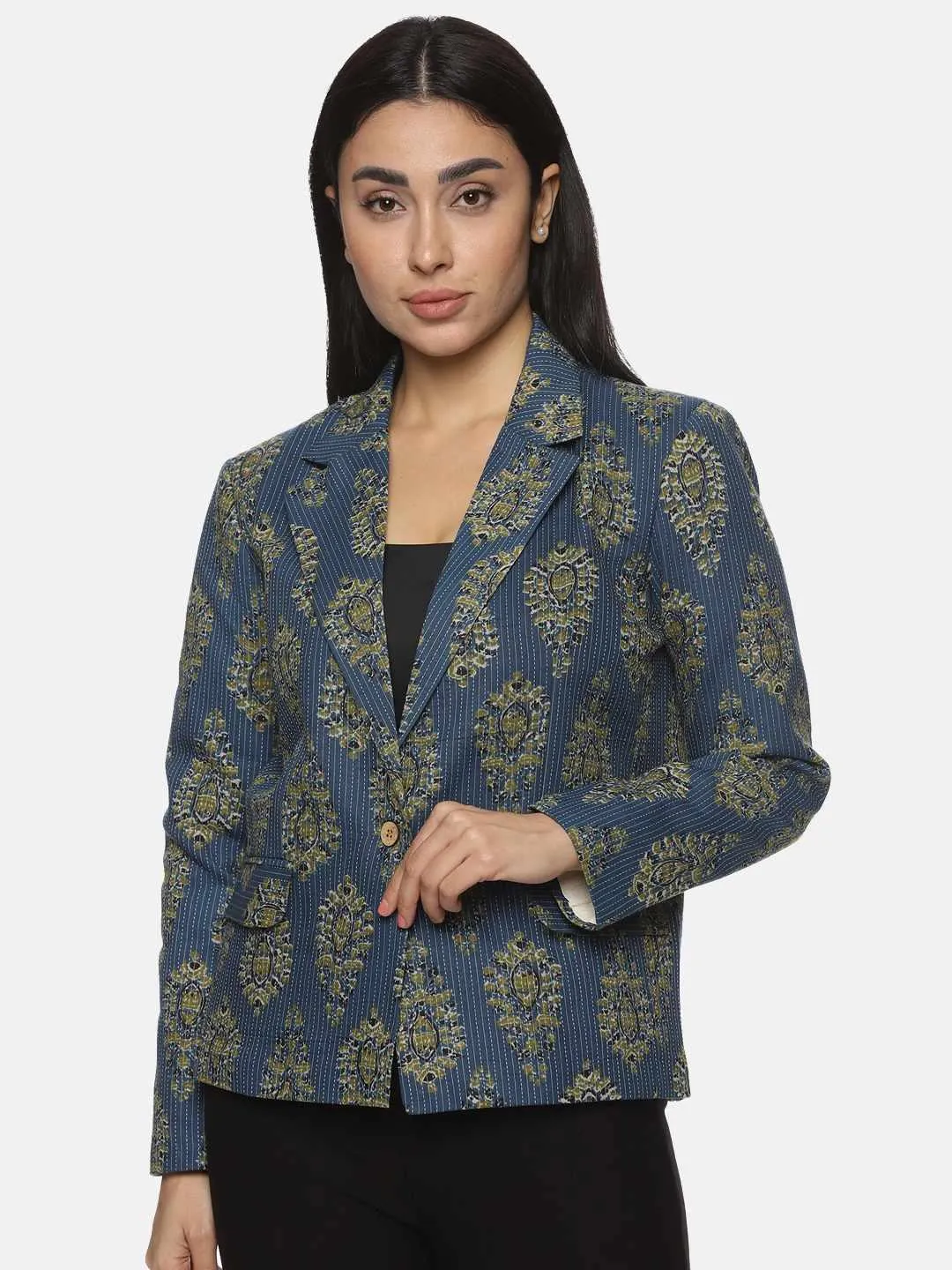 Blue Kanta Print Blazer: Artisanal Elegance Casual