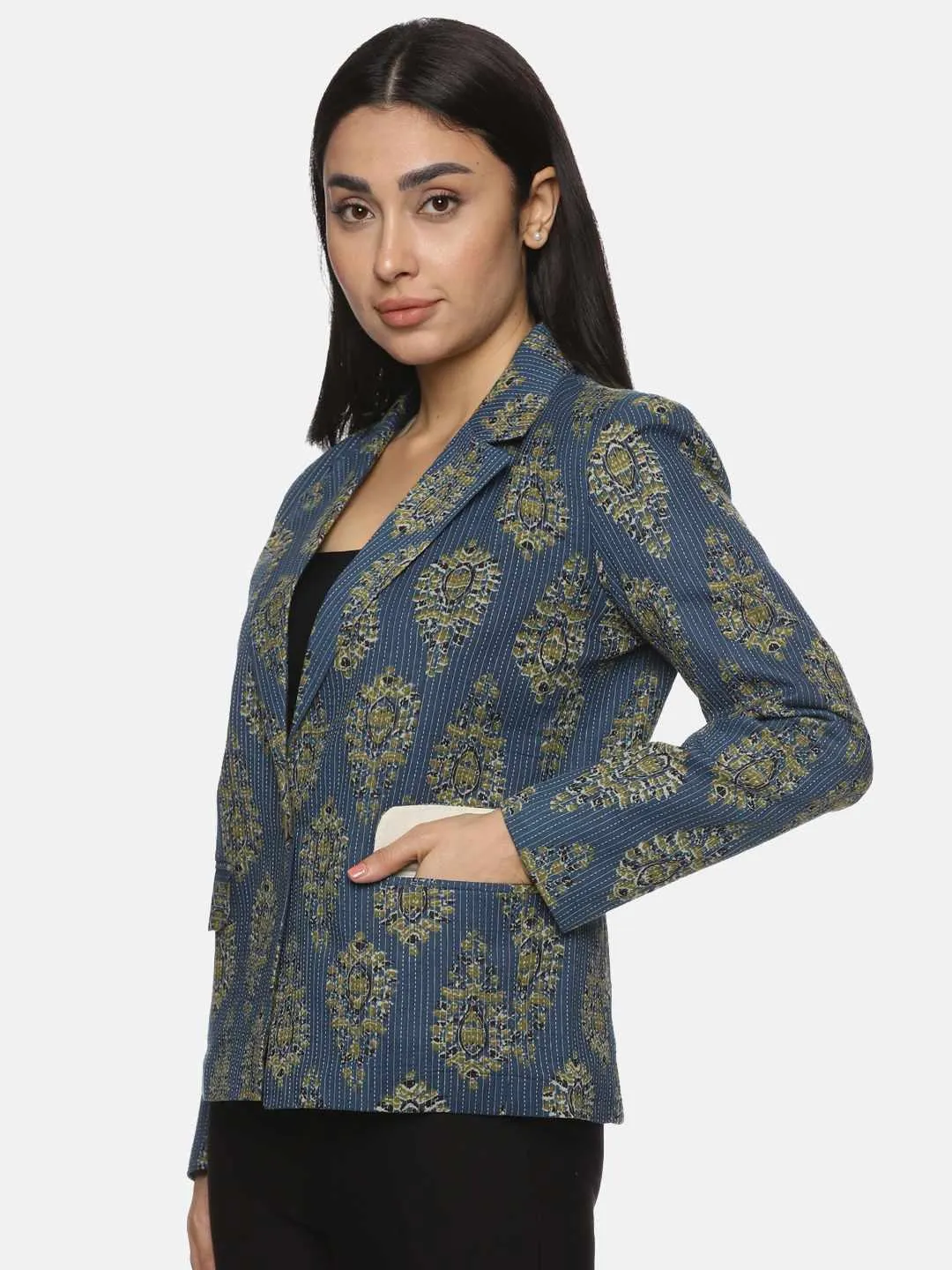 Blue Kanta Print Blazer: Artisanal Elegance Casual