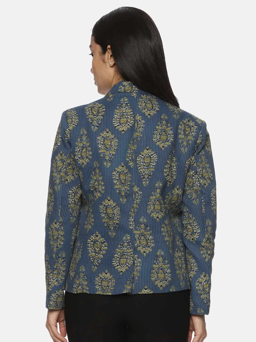 Blue Kanta Print Blazer: Artisanal Elegance Casual