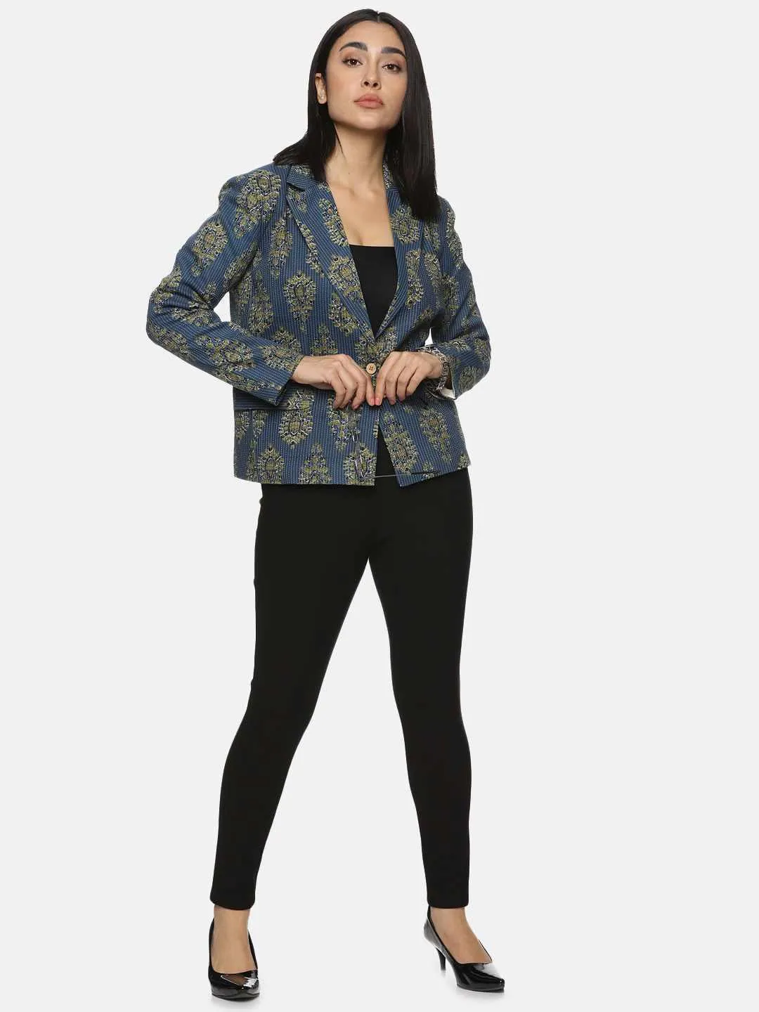 Blue Kanta Print Blazer: Artisanal Elegance Casual