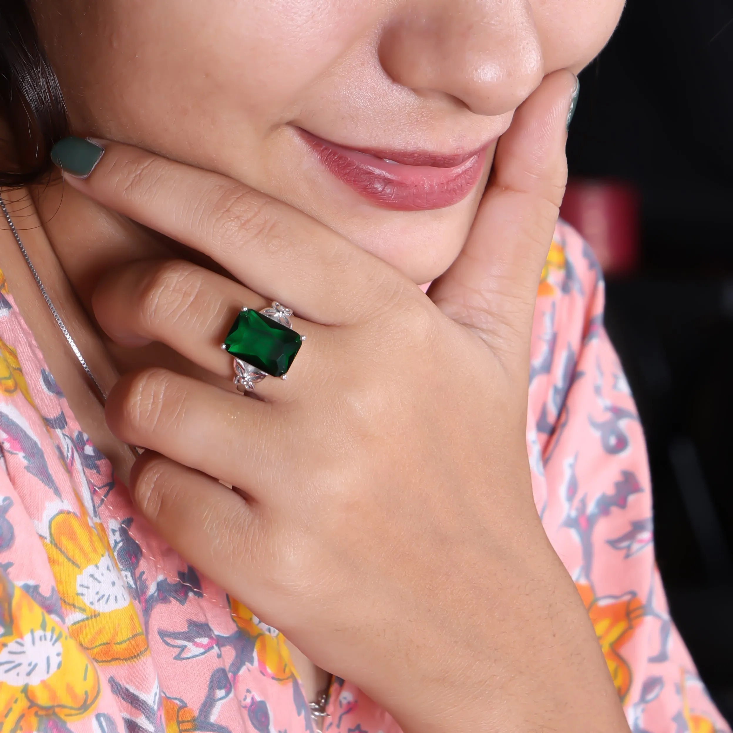 Bold Green Gemstone Silver Ring with Intricate Floral Design