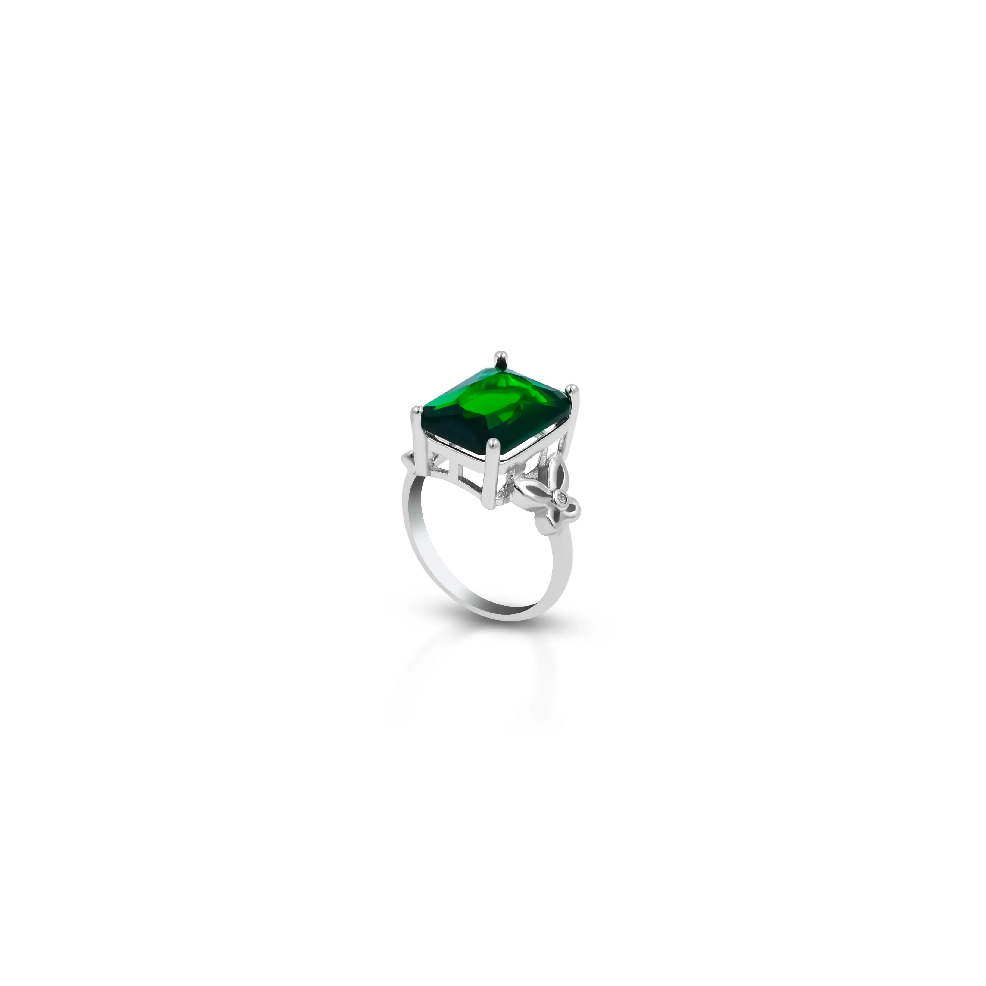 Bold Green Gemstone Silver Ring with Intricate Floral Design
