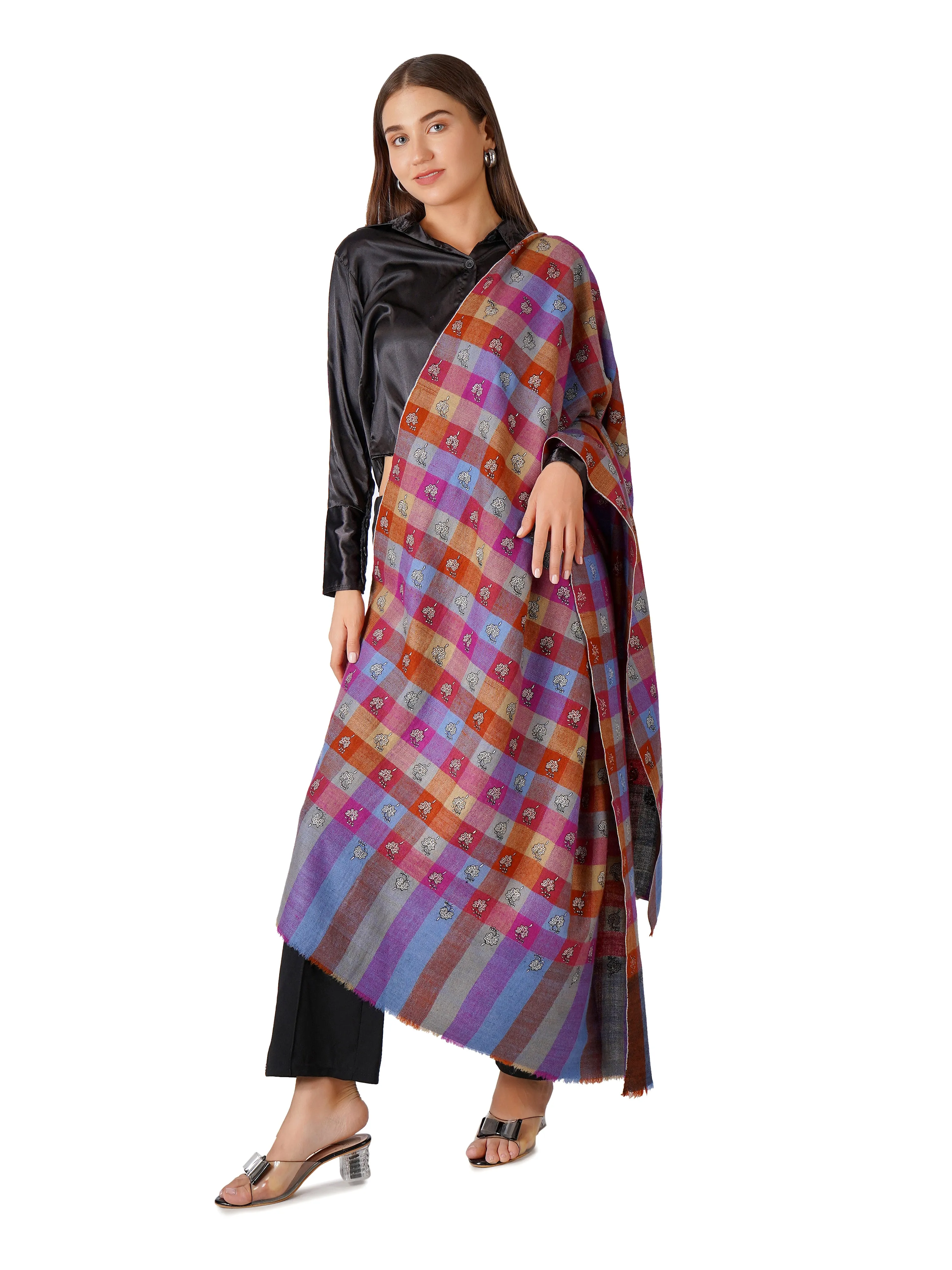 Classic Checkered Pashmina Shawl with Floral Embroidery - Multi Color Check