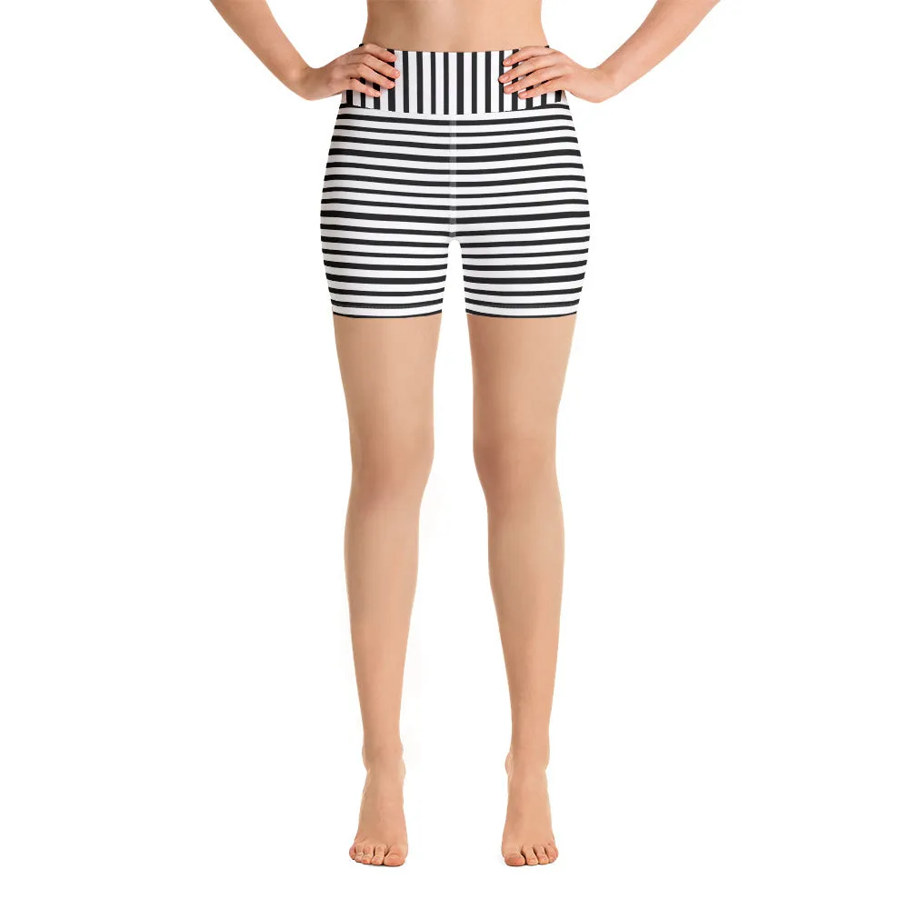 Classic Striped Long Yoga Tights, Black White Modern Striped Print Women's Yoga Workout Shorts- Made in USA/ EU