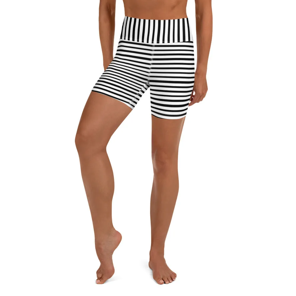 Classic Striped Long Yoga Tights, Black White Modern Striped Print Women's Yoga Workout Shorts- Made in USA/ EU