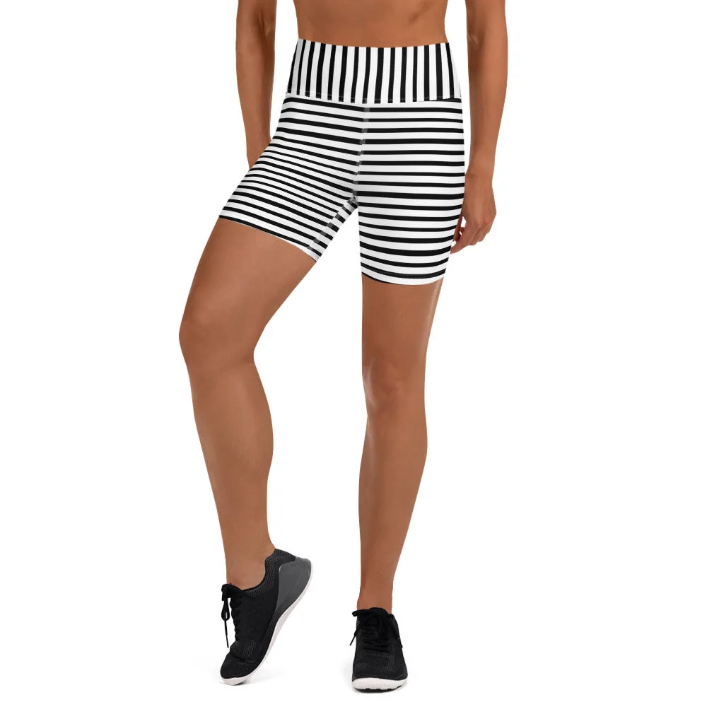 Classic Striped Long Yoga Tights, Black White Modern Striped Print Women's Yoga Workout Shorts- Made in USA/ EU