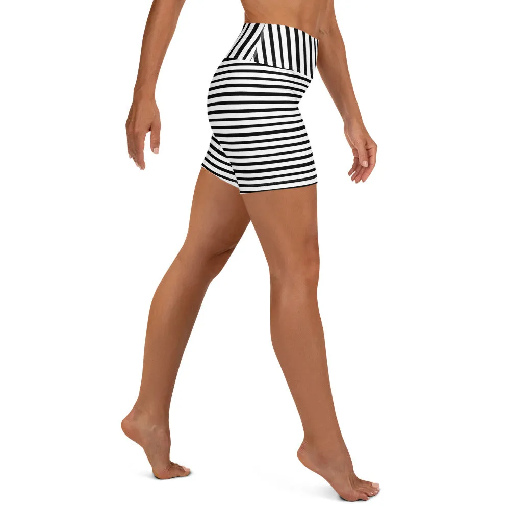 Classic Striped Long Yoga Tights, Black White Modern Striped Print Women's Yoga Workout Shorts- Made in USA/ EU