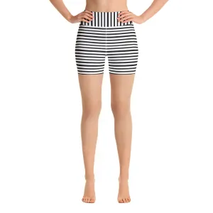 Classic Striped Long Yoga Tights, Black White Modern Striped Print Women's Yoga Workout Shorts- Made in USA/ EU