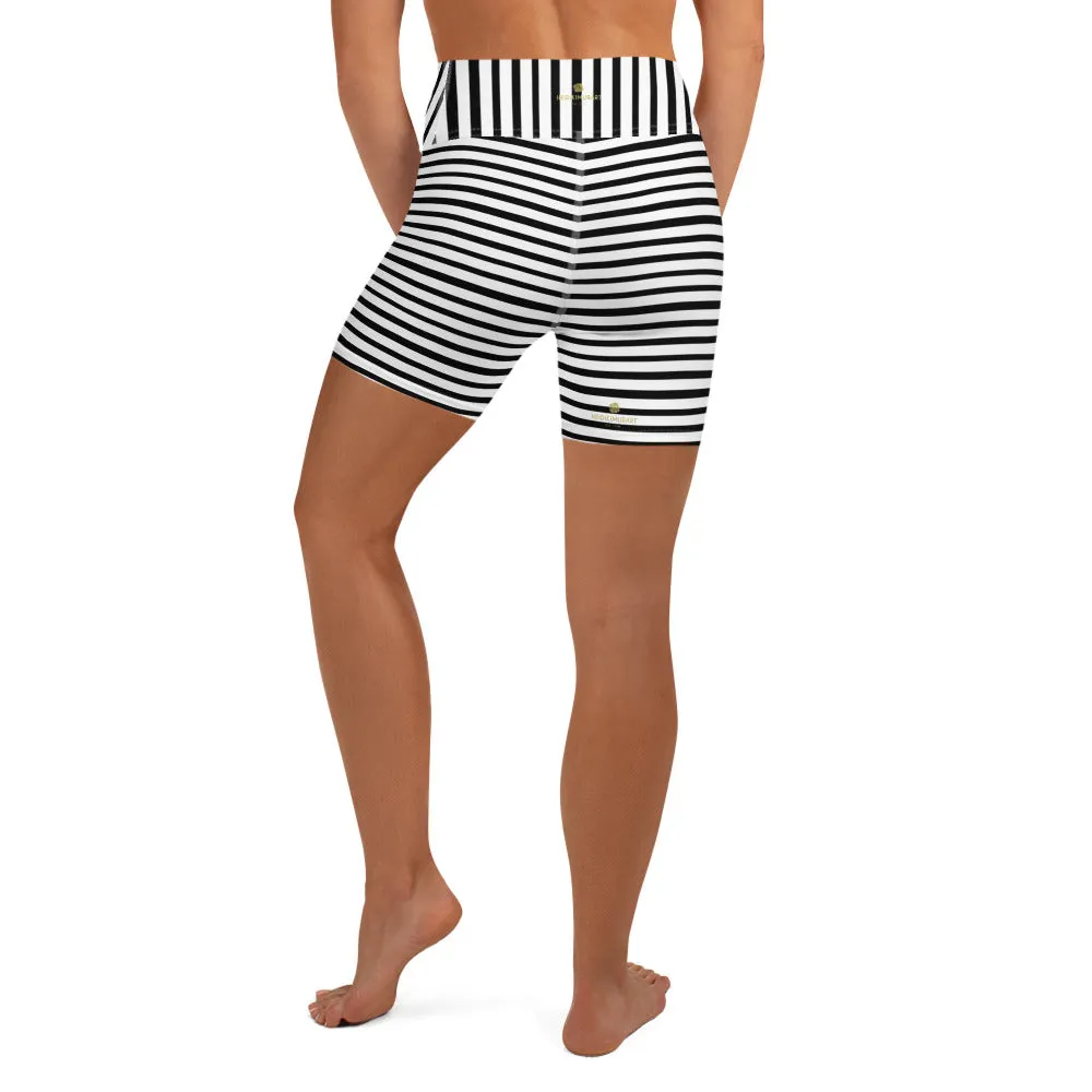 Classic Striped Long Yoga Tights, Black White Modern Striped Print Women's Yoga Workout Shorts- Made in USA/ EU