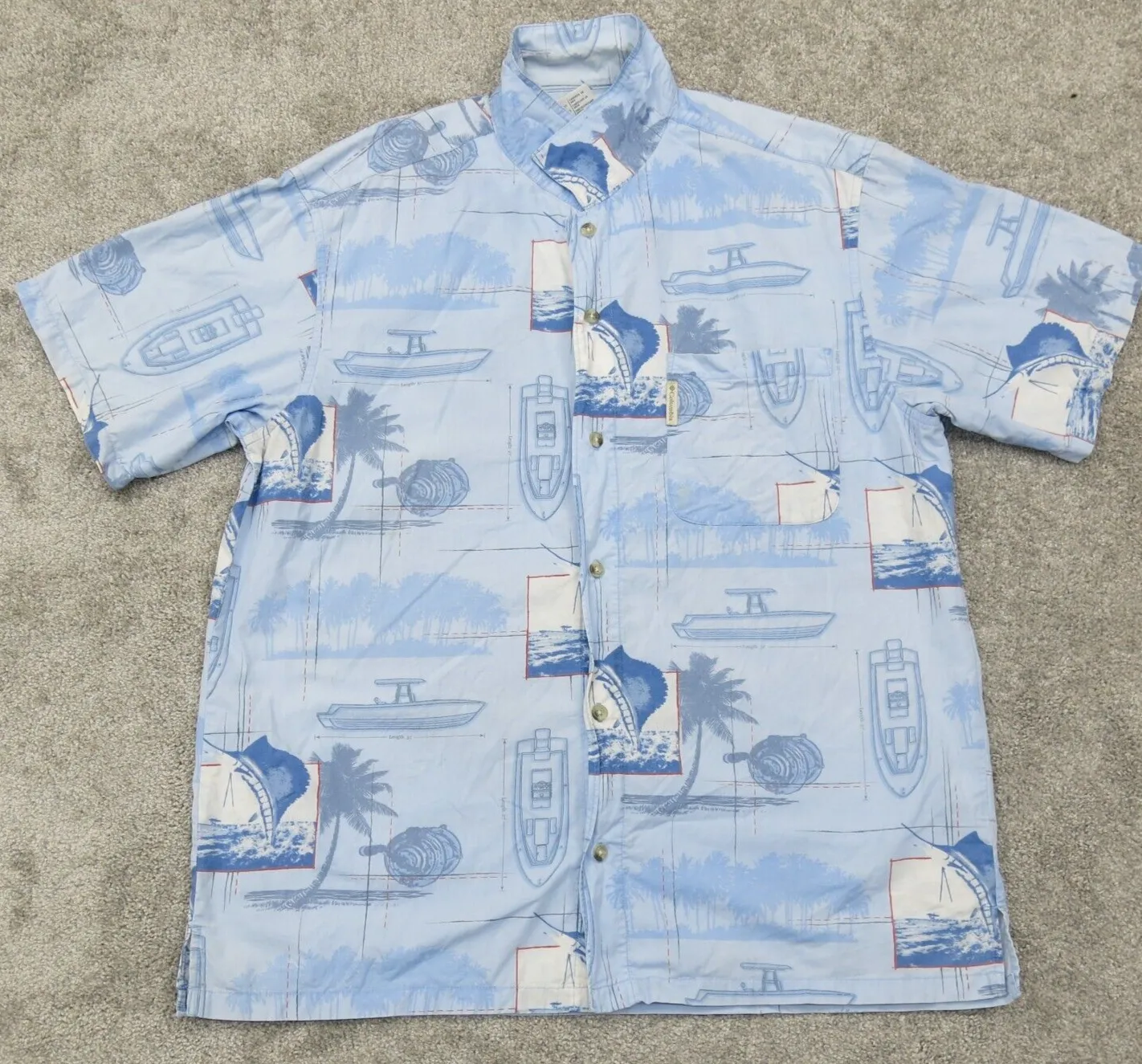 Columbia Sportswear Mens Palm Tree Button Up Shirt Short Sleeves Blue Size L