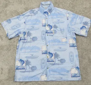 Columbia Sportswear Mens Palm Tree Button Up Shirt Short Sleeves Blue Size L