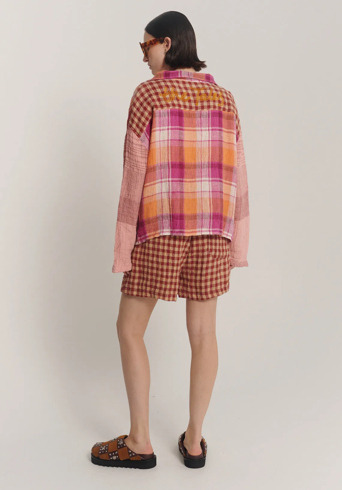 COWBOY CHECK LINEN EMBROIDERED SHIRT PINK