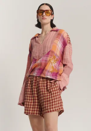 COWBOY CHECK LINEN EMBROIDERED SHIRT PINK