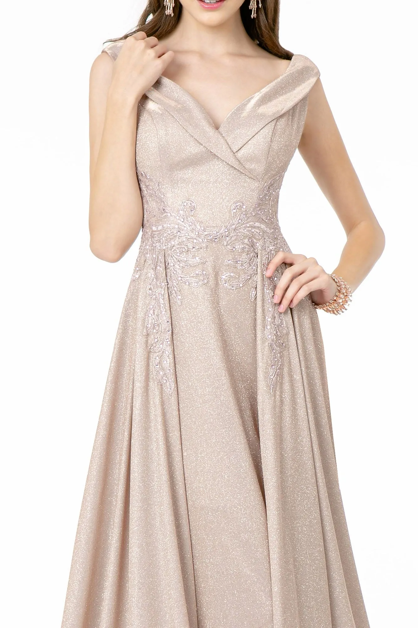 Embroidered Cap Sleeve A-Line Long Dress V-Back GLGL1817