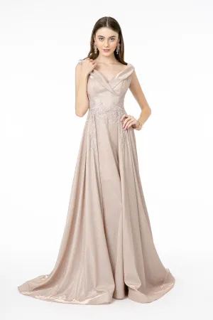 Embroidered Cap Sleeve A-Line Long Dress V-Back GLGL1817
