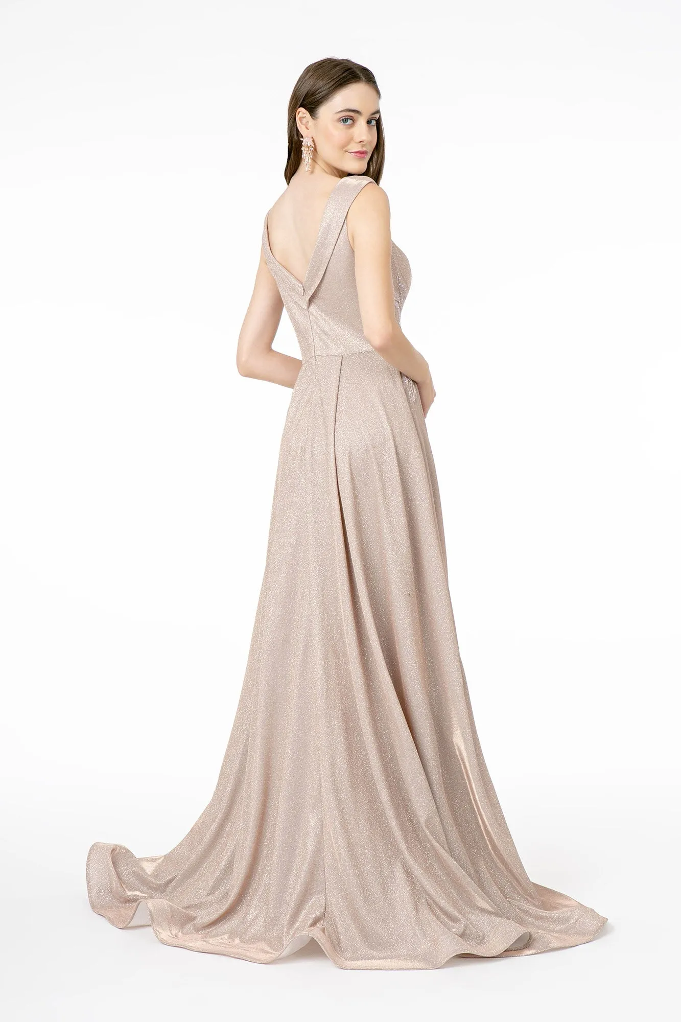 Embroidered Cap Sleeve A-Line Long Dress V-Back GLGL1817