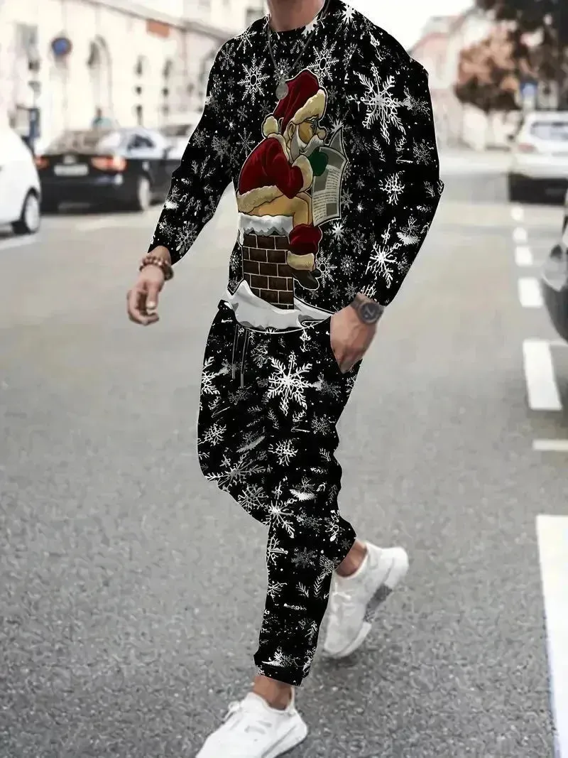 Festive 3D Printed Men's Stylish Sportswear Set with Sweatshirt and Joggers