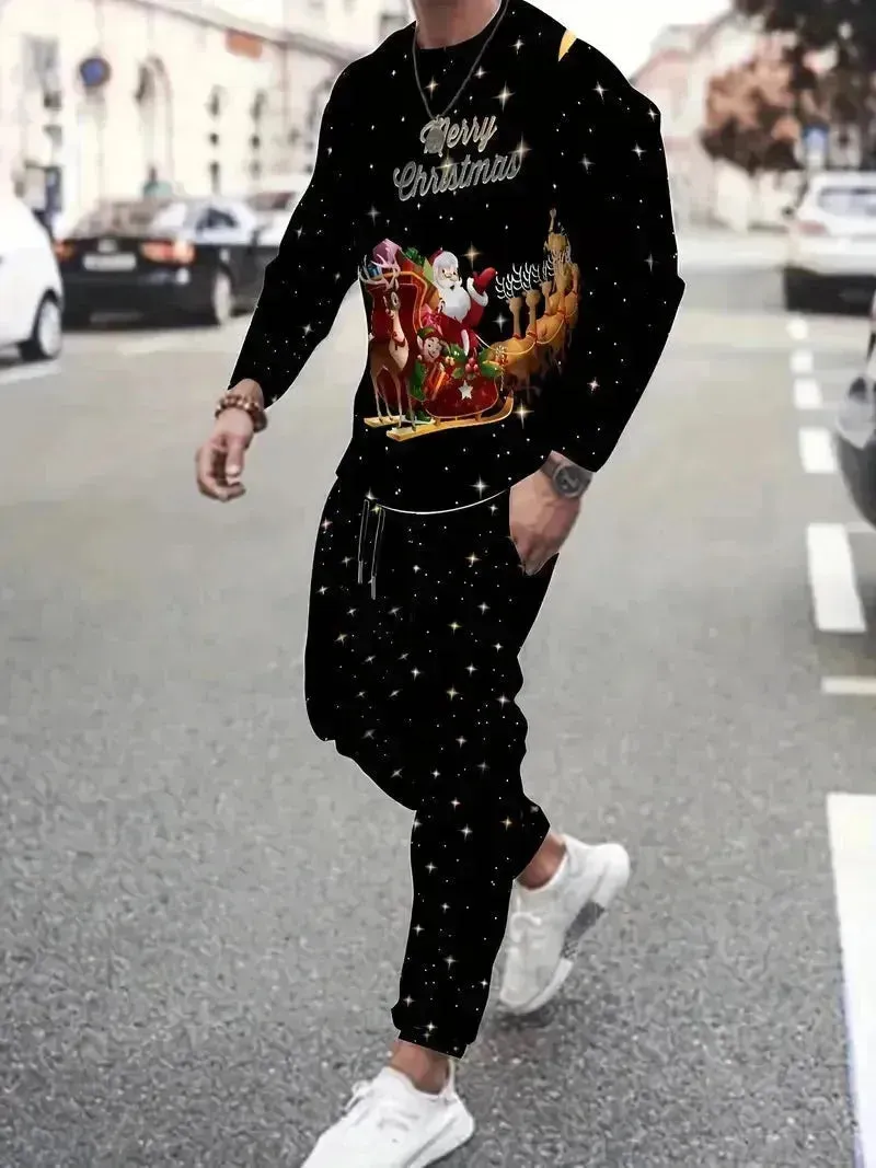 Festive 3D Printed Men's Stylish Sportswear Set with Sweatshirt and Joggers