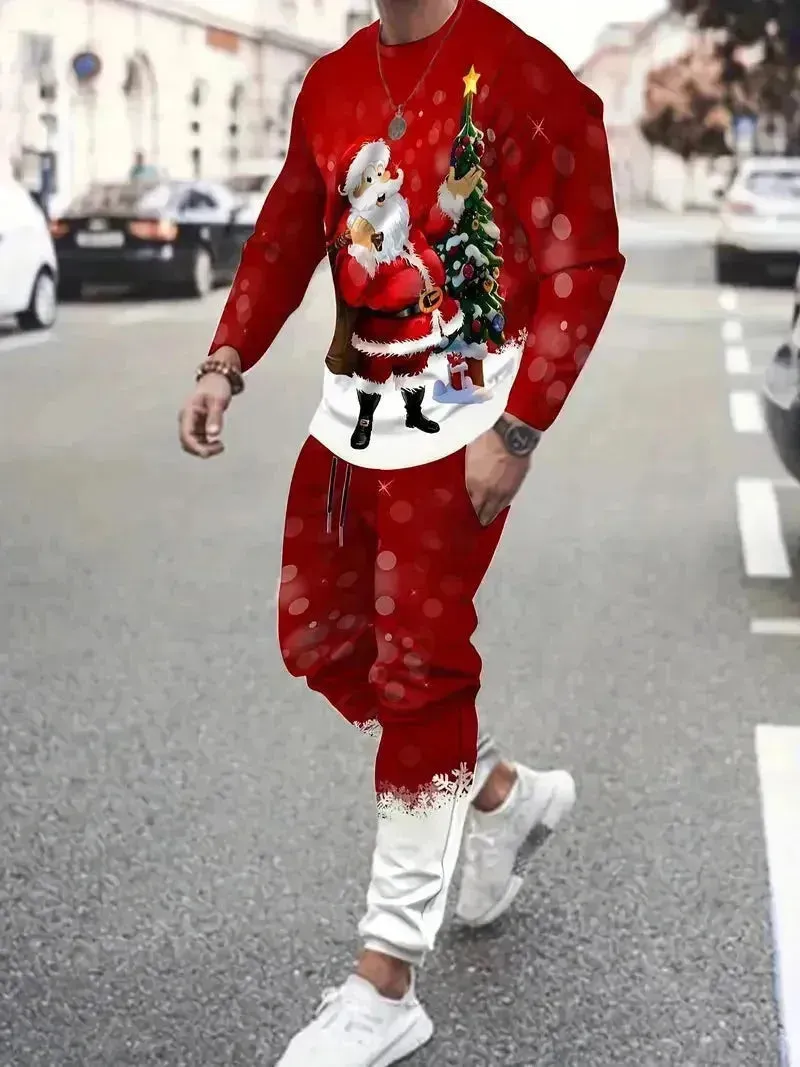 Festive 3D Printed Men's Stylish Sportswear Set with Sweatshirt and Joggers