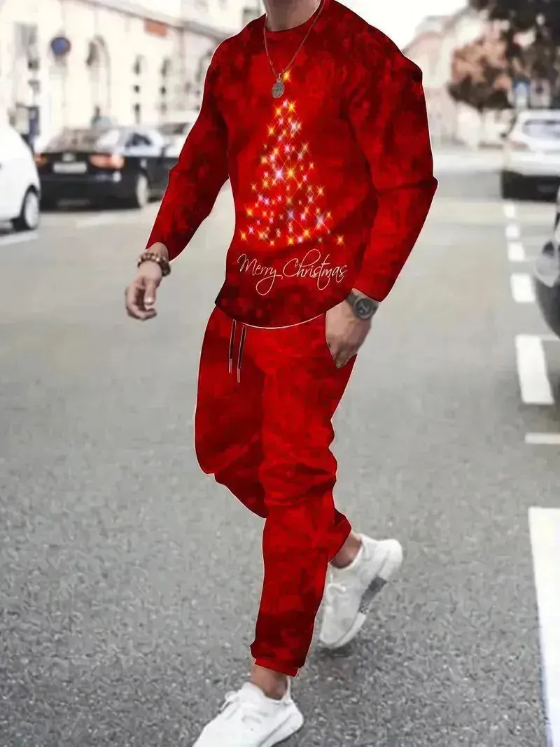 Festive 3D Printed Men's Stylish Sportswear Set with Sweatshirt and Joggers