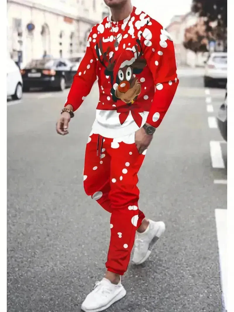 Festive 3D Printed Men's Stylish Sportswear Set with Sweatshirt and Joggers