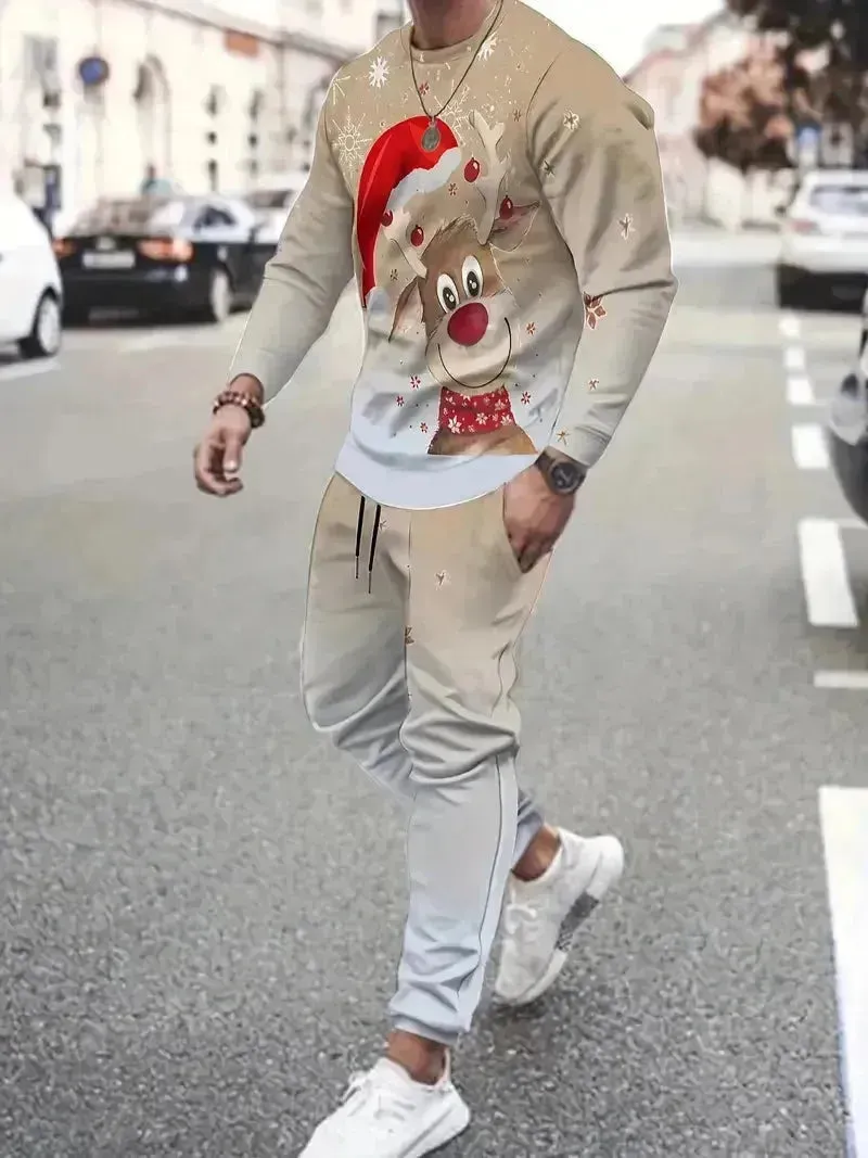 Festive 3D Printed Men's Stylish Sportswear Set with Sweatshirt and Joggers