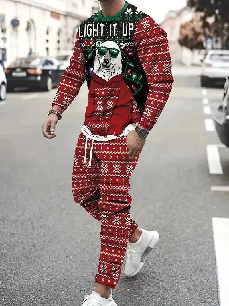 Festive 3D Printed Men's Stylish Sportswear Set with Sweatshirt and Joggers