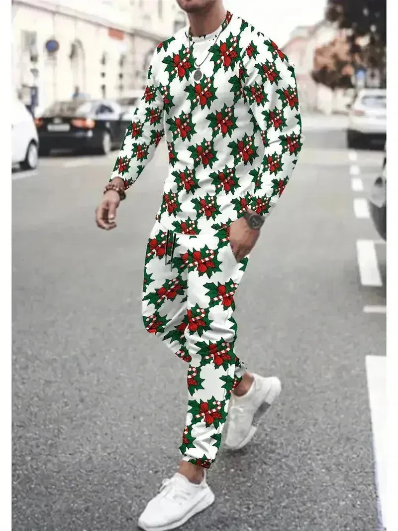 Festive 3D Printed Men's Stylish Sportswear Set with Sweatshirt and Joggers