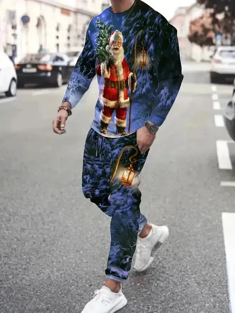Festive 3D Printed Men's Stylish Sportswear Set with Sweatshirt and Joggers