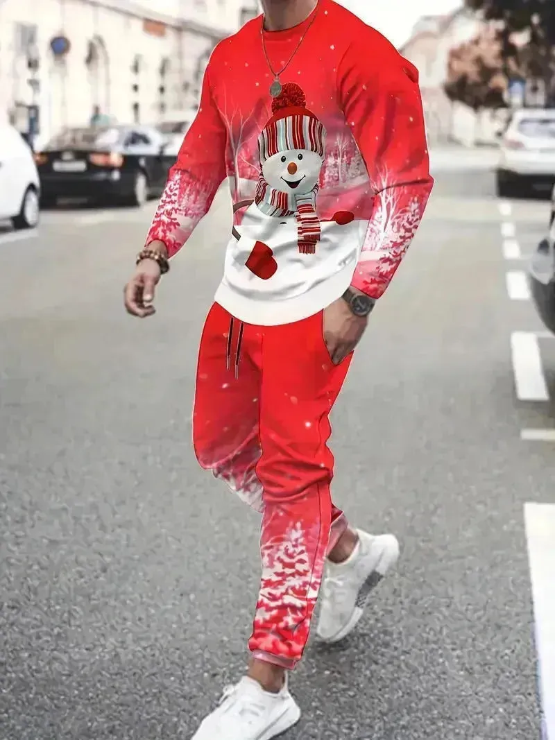 Festive 3D Printed Men's Stylish Sportswear Set with Sweatshirt and Joggers