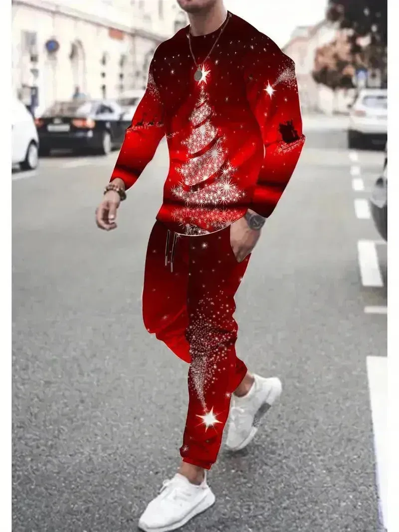 Festive 3D Printed Men's Stylish Sportswear Set with Sweatshirt and Joggers
