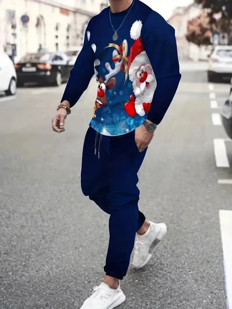 Festive 3D Printed Men's Stylish Sportswear Set with Sweatshirt and Joggers
