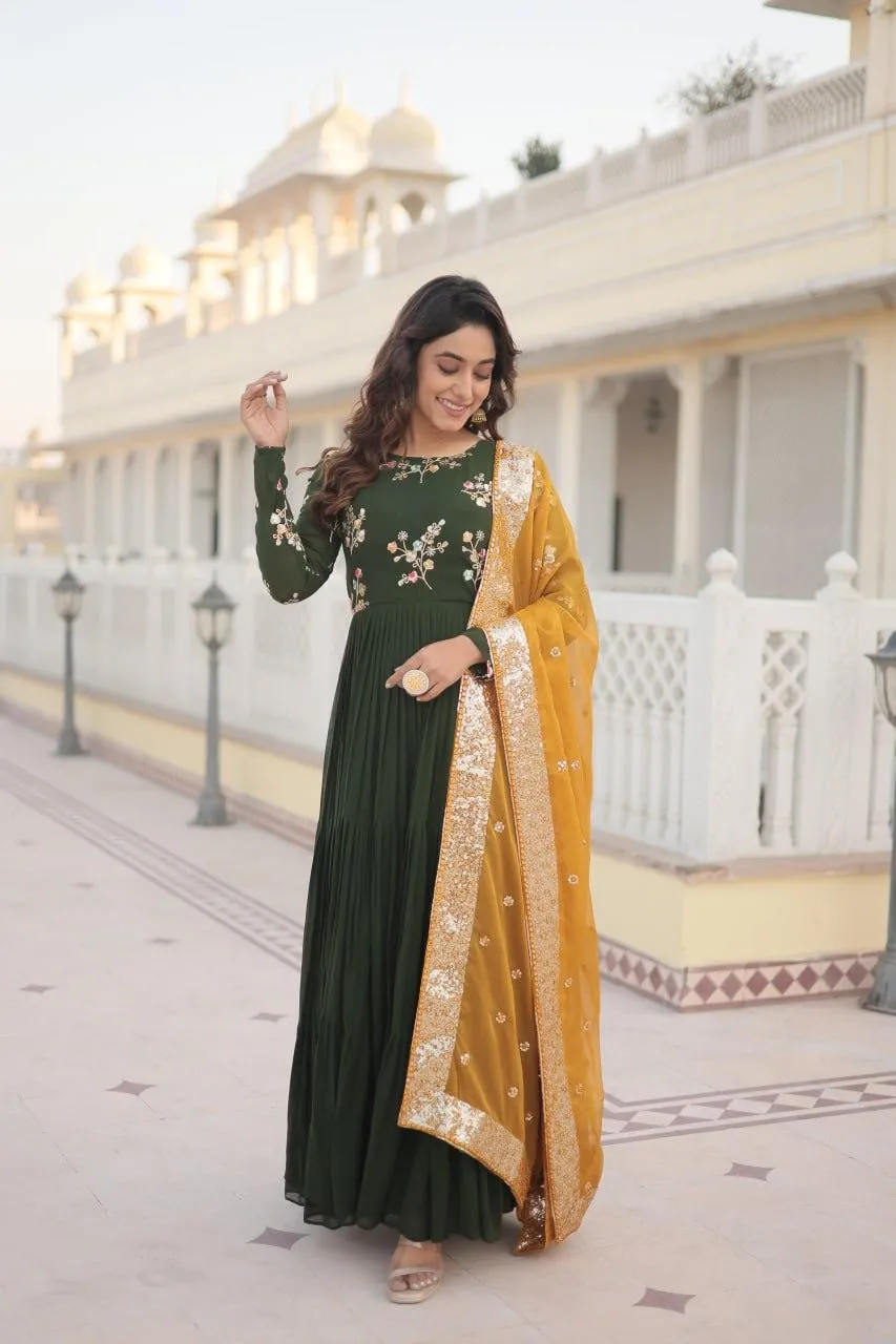 Green Georgette Embroidered Gown with dupatta