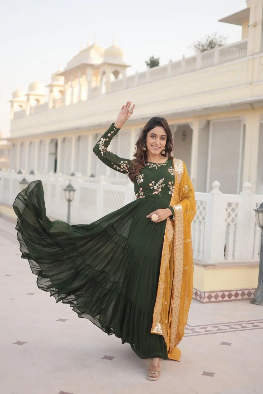 Green Georgette Embroidered Gown with dupatta