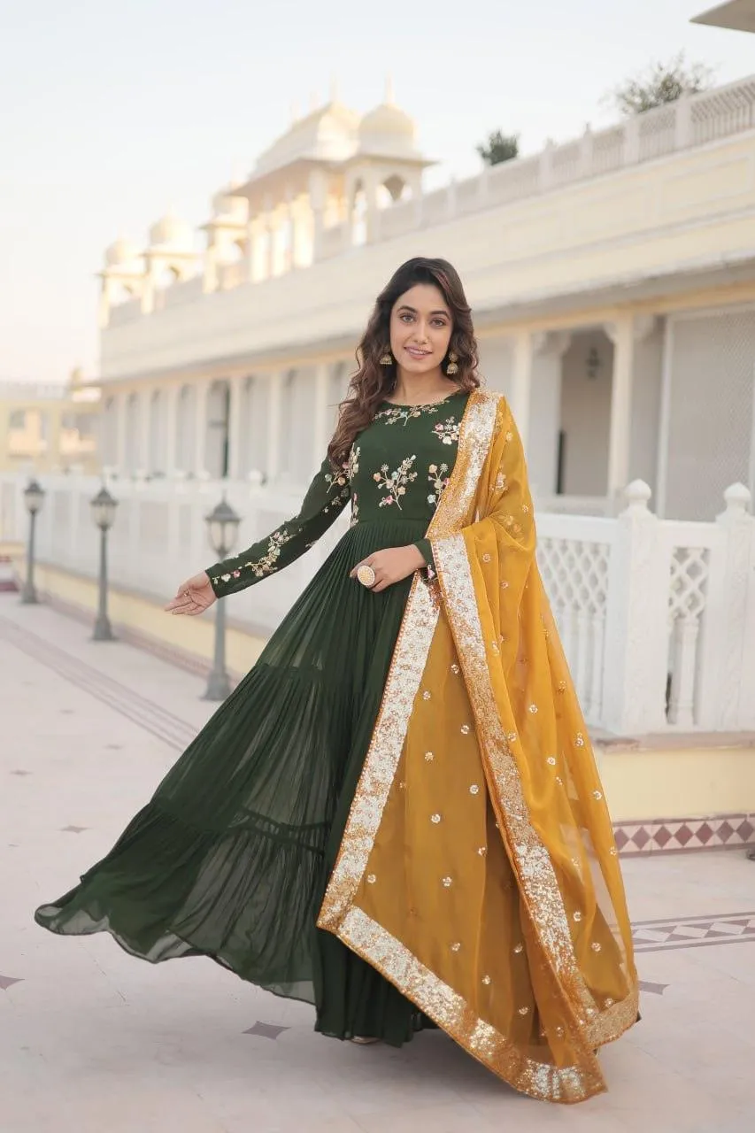 Green Georgette Embroidered Gown with dupatta