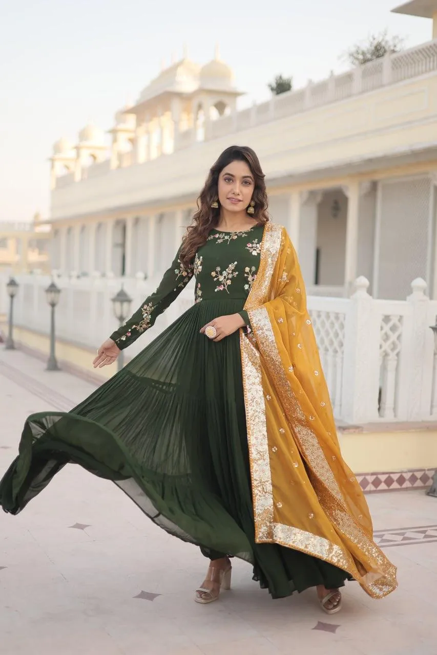 Green Georgette Embroidered Gown with dupatta