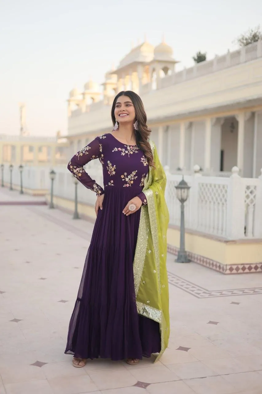 Green Georgette Embroidered Gown with dupatta