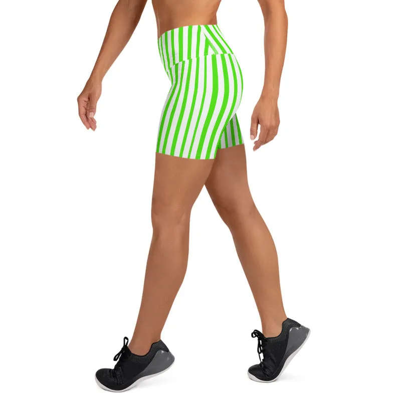 Green White Striped Vertical Print Women's Yoga Workout Shorts- Made in USA/ EU