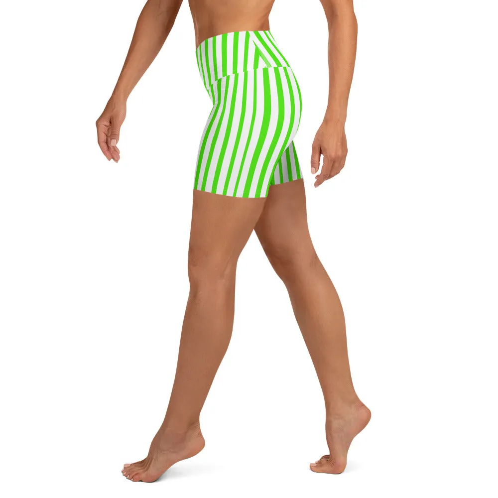 Green White Striped Vertical Print Women's Yoga Workout Shorts- Made in USA/ EU