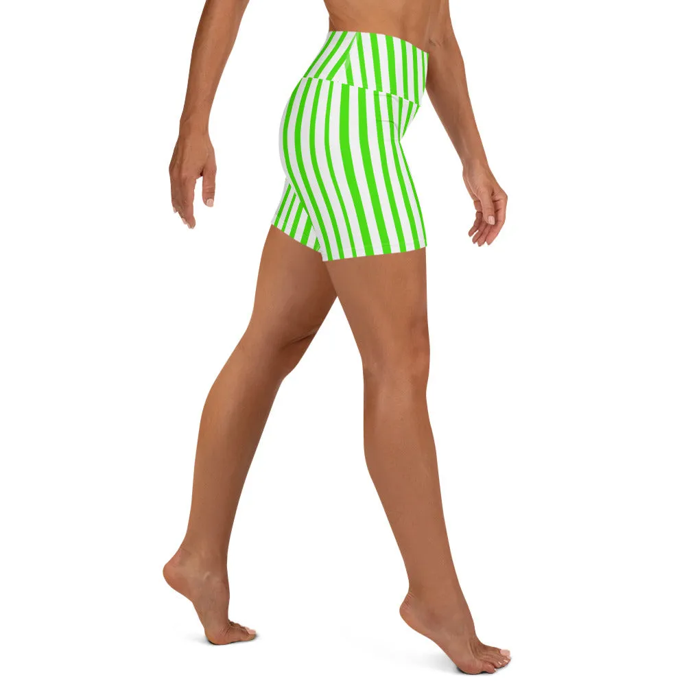 Green White Striped Vertical Print Women's Yoga Workout Shorts- Made in USA/ EU