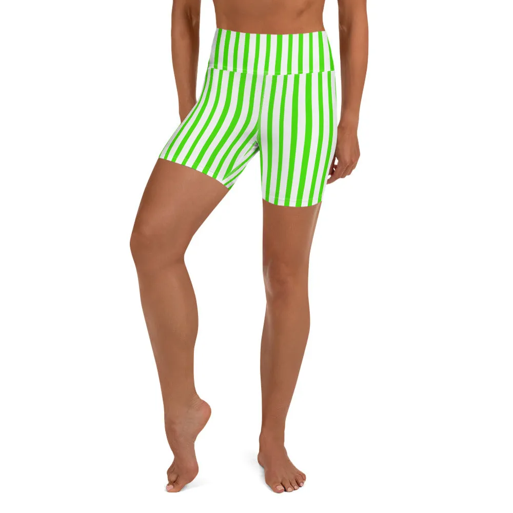 Green White Striped Vertical Print Women's Yoga Workout Shorts- Made in USA/ EU
