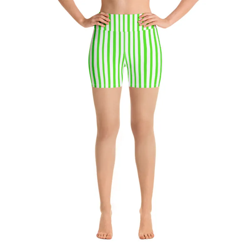 Green White Striped Vertical Print Women's Yoga Workout Shorts- Made in USA/ EU