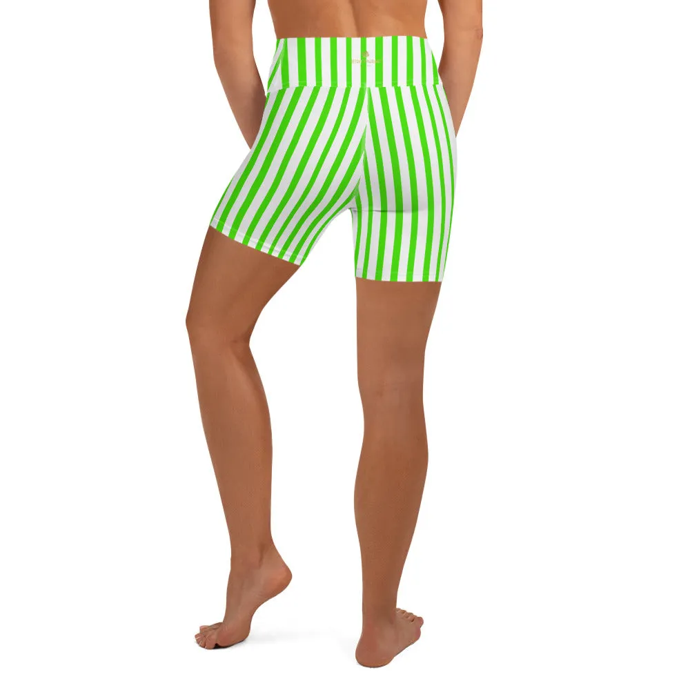 Green White Striped Vertical Print Women's Yoga Workout Shorts- Made in USA/ EU