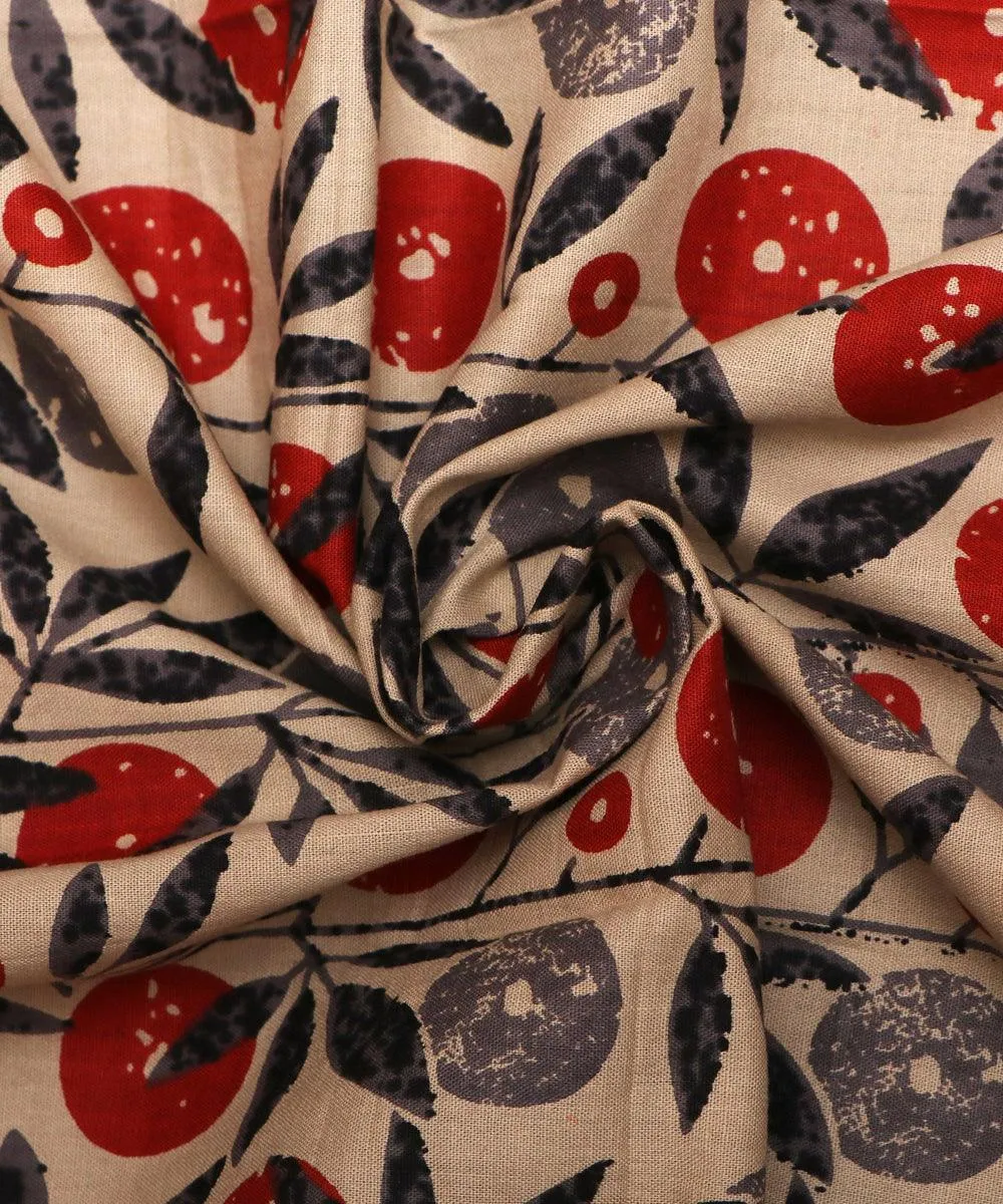 Grey and Red Cherry Print Cotton Fabric