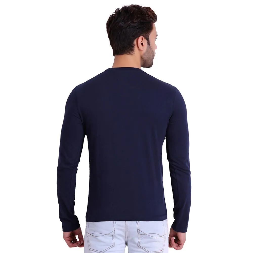 HiFlyers Men Round Neck Full Sleeve Solid Dark Blue Tshirt